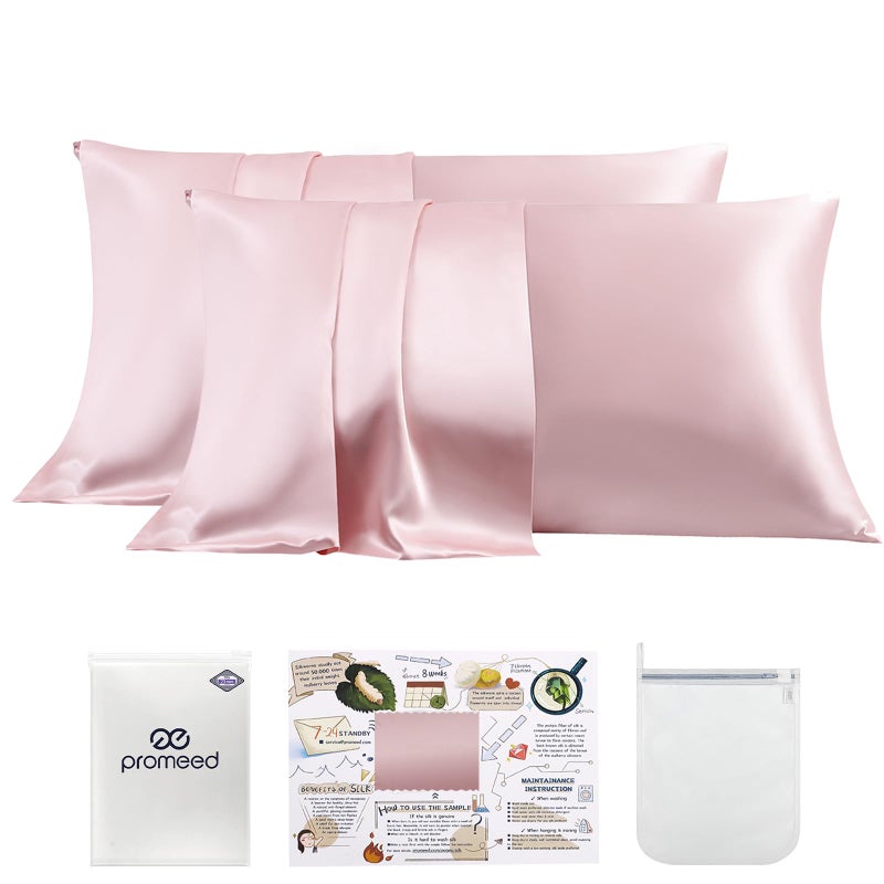 PROMEED 23 Momme Silk Pillowcase 2 Pack, Both Sides 100% 23 Momme Mulberry Silk Pillow Case Set of 2, Hidden Zipper Closure for Easy Set (Queen 20""x30"", Pink) - Image 1